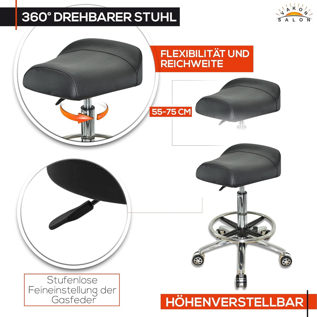 VAKON SALON - Breitsitz Arbeitshocker auf Rollen mit Fussring, höhenverstellbar von 55-75 cm - Drehh