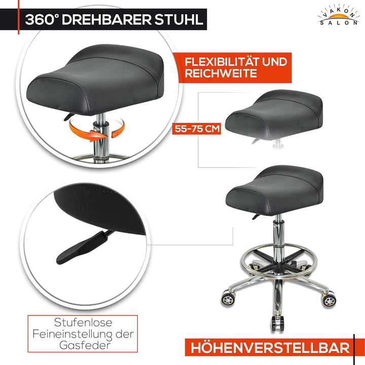 VAKON SALON - Breitsitz Arbeitshocker auf Rollen mit Fussring, höhenverstellbar von 55-75 cm - Drehh