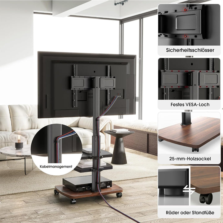 AOKCOS TV Ständer Rollbar mit Holzablage 2 Regal, Fernsehständer auf Rollen für 32-65 Zoll TV, TV Bo