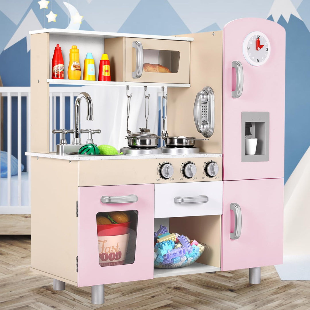 Clevich Puppenküche Holz, Kinderküche aus Holz, Spielzeugküche mit zubehör, inklusive Eismaschine, T