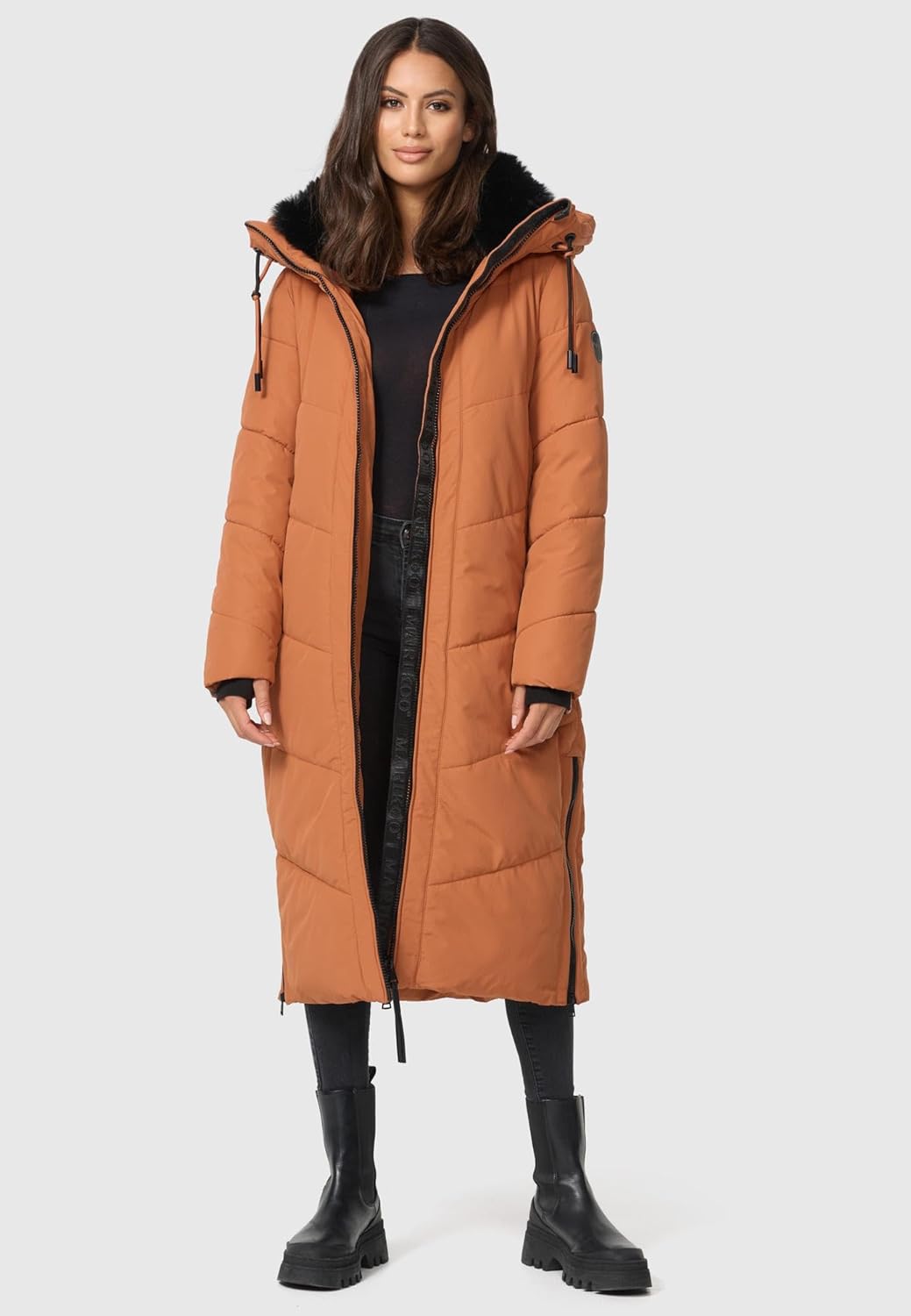 MARIKOO Damen Wintermantel Warmer Steppmantel lang mit Verstellbarer Kapuze und hohem Kragen Nadaree