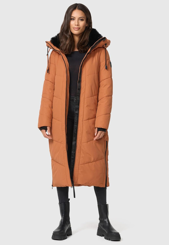 MARIKOO Damen Wintermantel Warmer Steppmantel lang mit Verstellbarer Kapuze und hohem Kragen Nadaree