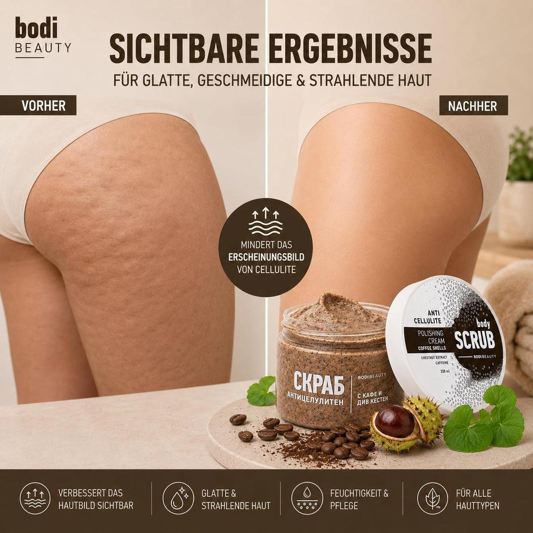 Anti-Cellulite Kaffee-Peeling &amp; Body Scrub 330 ml – Koffein, Kaffeepartikel, Shea &amp; Traubenkernöl, V