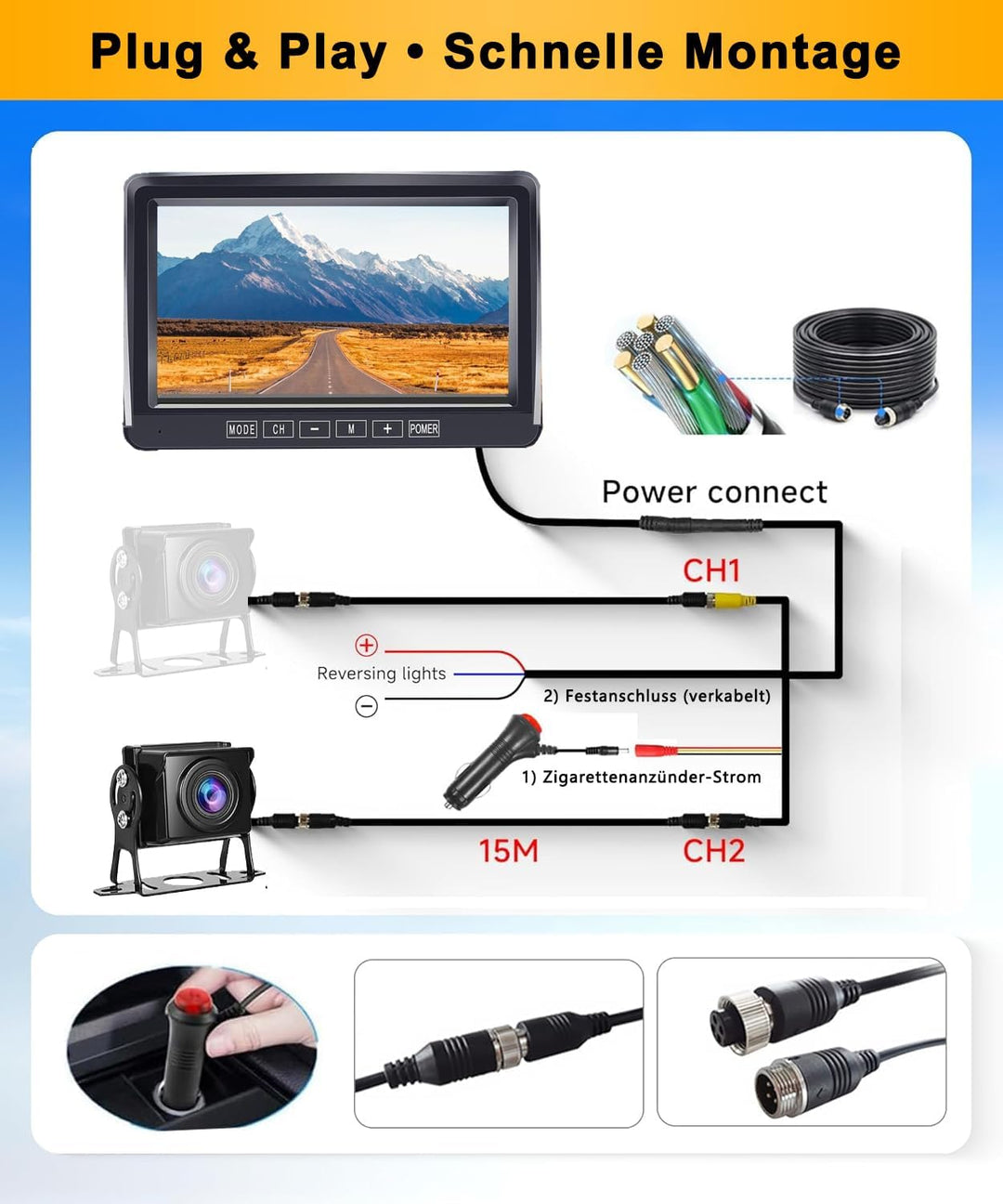 Rückfahrkamera-Set mit 7"-LCD-1080P Monitor &amp; 170° Weitwinkel- Rückfahrkamera, IP69 wasserdicht, Nac