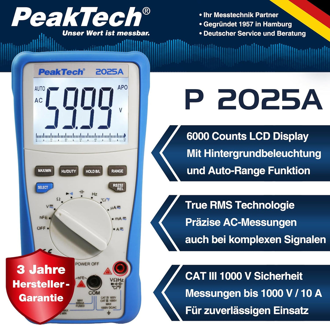 PeakTech 2025 A – True RMS Digital Multimeter, 6.000 Counts, integrierte Datenschnittstelle mit Soft