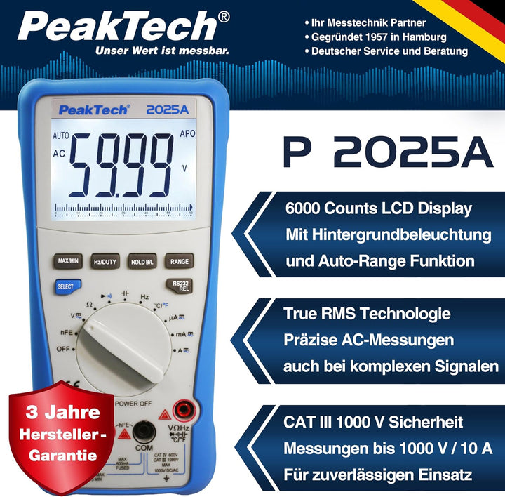 PeakTech 2025 A – True RMS Digital Multimeter, 6.000 Counts, integrierte Datenschnittstelle mit Soft