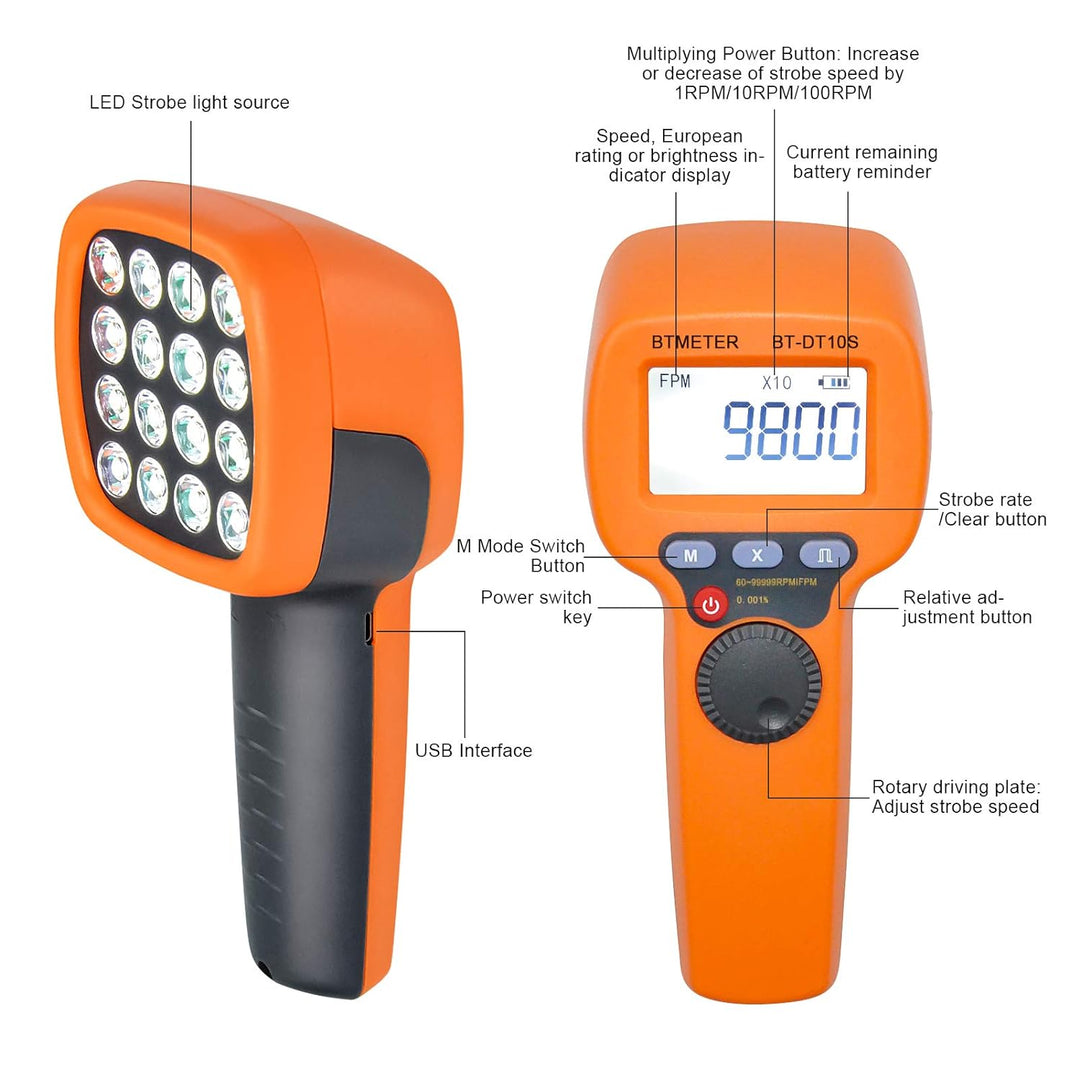 BTMETER Digitales Handheld-Stroboskop BT-DT10S, LED-Blitz-Strobe-Tachometer, 60~49999 FPM-Geschwindi