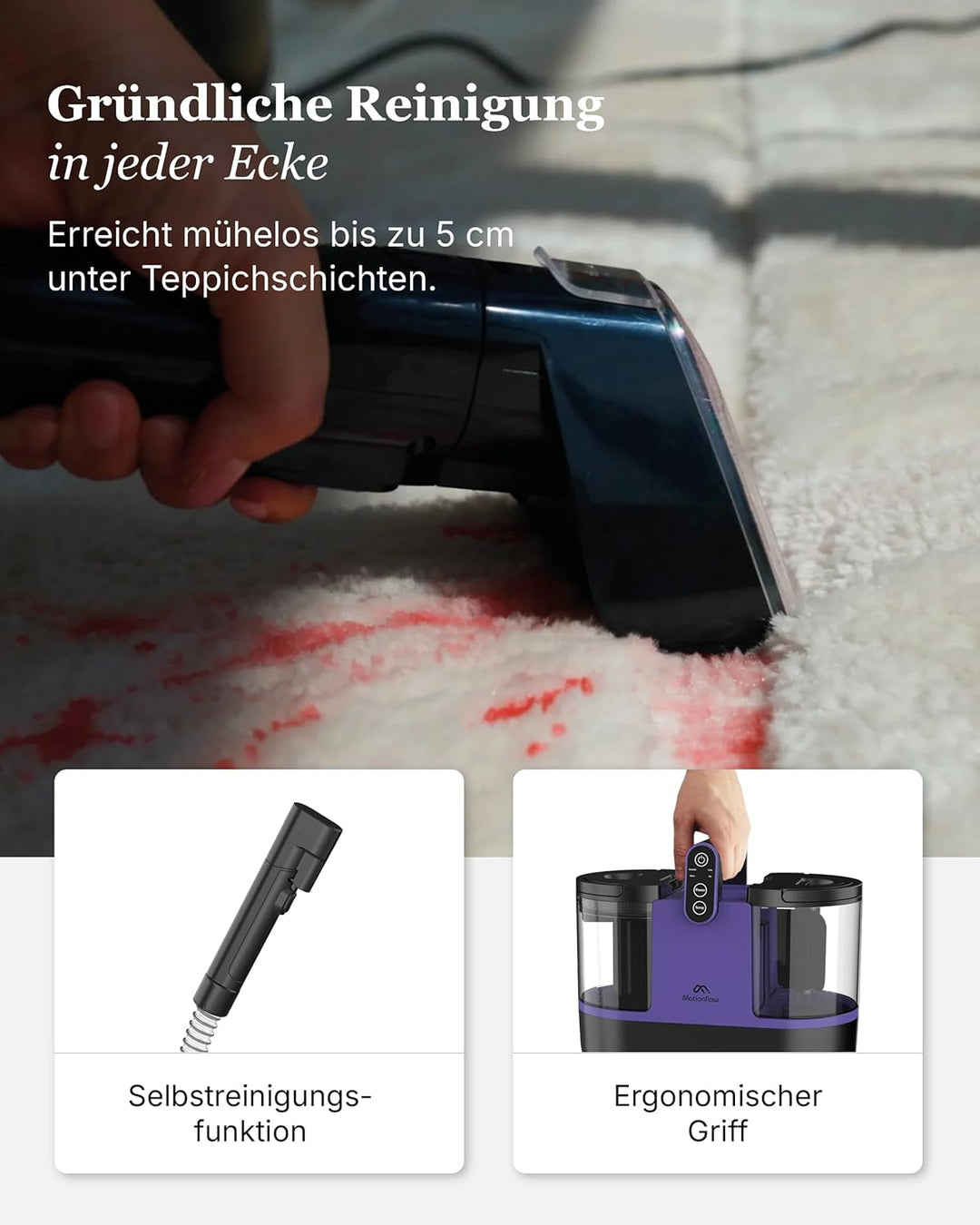 Motionflow Teppichreiniger Waschsauger mit Heizfunktion - 1200W Polsterreiniger Gerät für Teppiche,