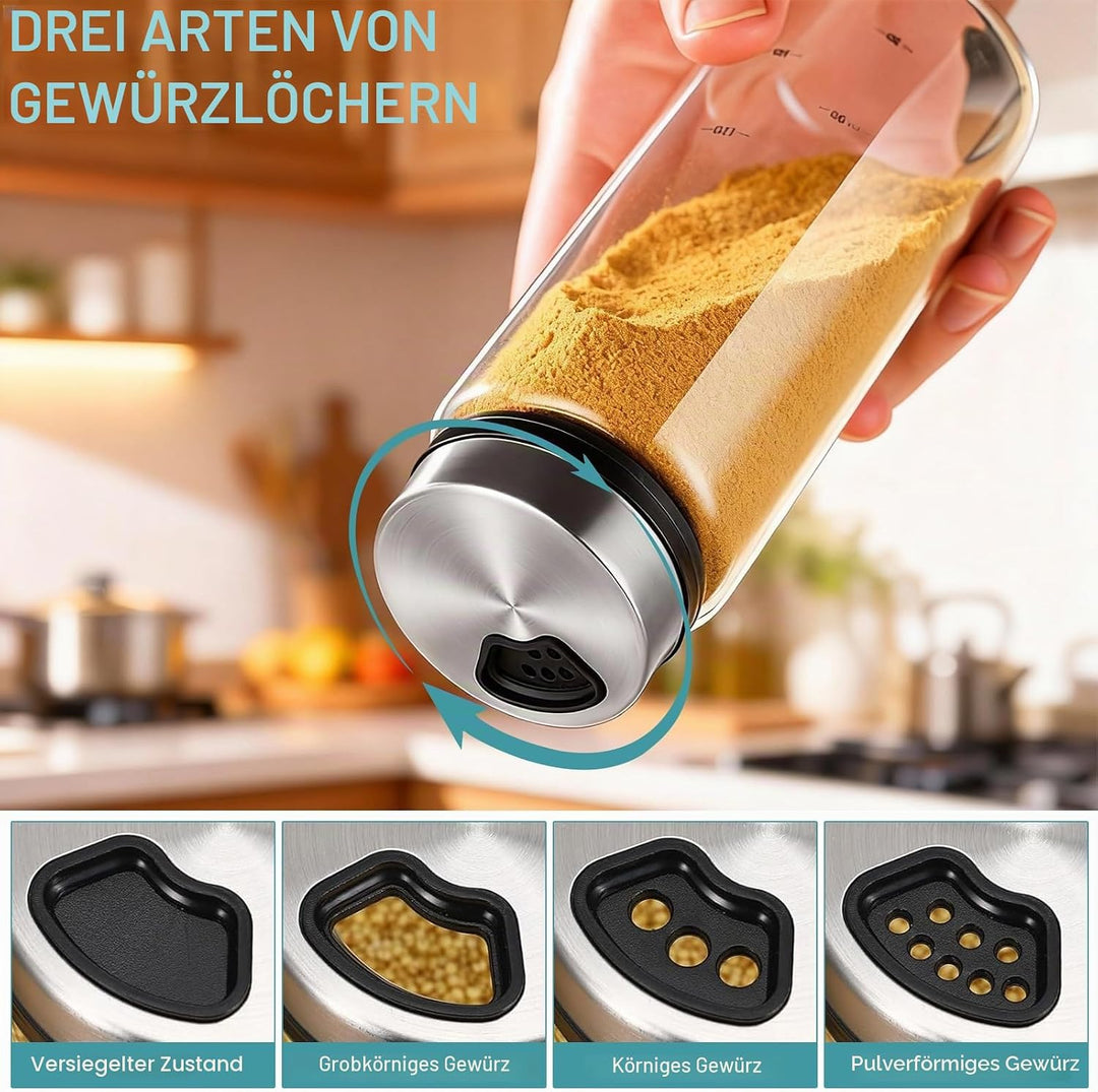 Gykutix 4 Stück 300ml Gewürzgläser mit Drehdeckel, Gewürzstreuer Glas, Gewürzdosen mit 4 Arten von G