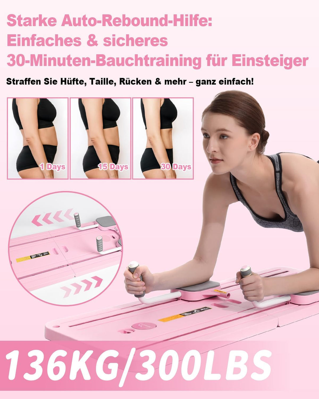 Pilates Board mit automatischem Rückprall – Faltbares Core-Trainingsgerät für Zuhause, inkl. Kniesch