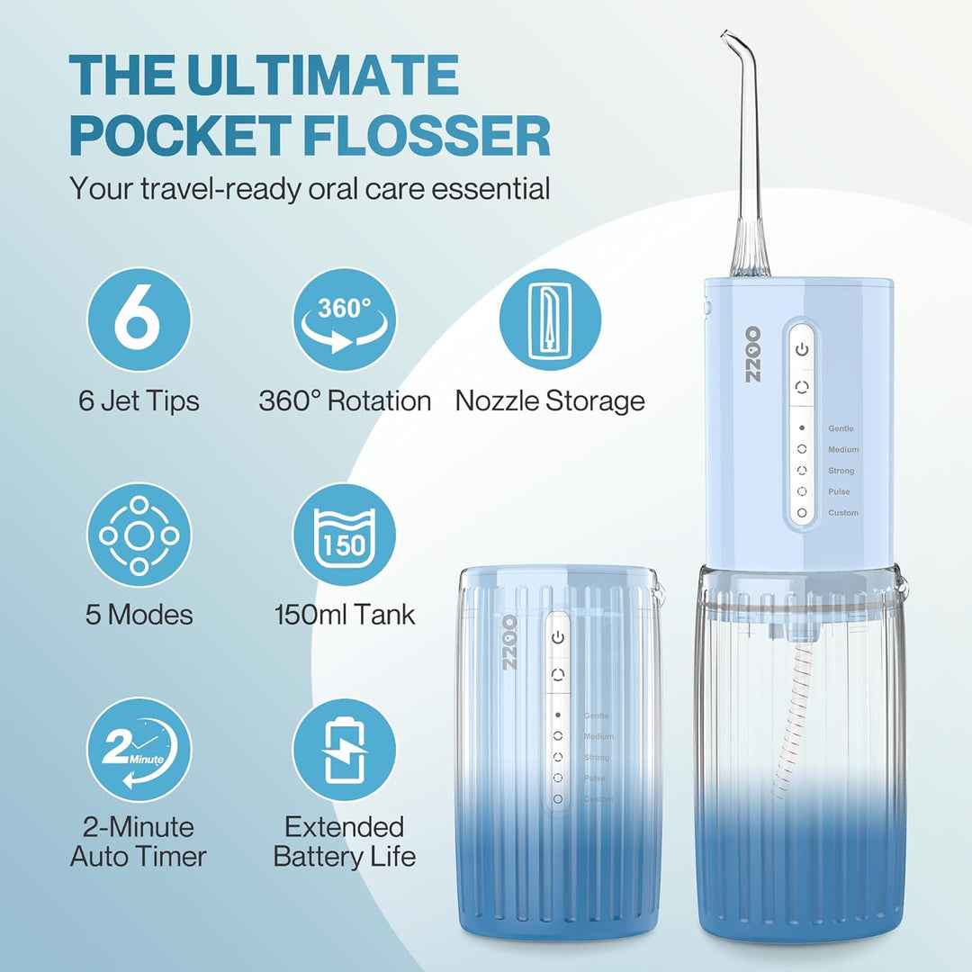 OOZZ Travel Water Flosser, Schnurlose Taschenmunddusche, 5 Druckmodi, 6 Strahlspitzen, USB-wiederauf