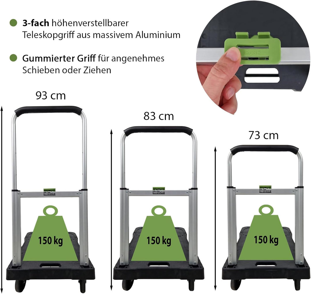 TRUTZHOLM Plattformwagen klappbar 150 kg Tragkraft Ladefläche 68x40 cm 3-Fach höhenverstellbare Tele