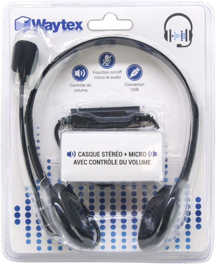 Waytex 69140 Kopfhörer Audio mit Mikrofon, schwenkbar, Schwarz, USB-Anschluss