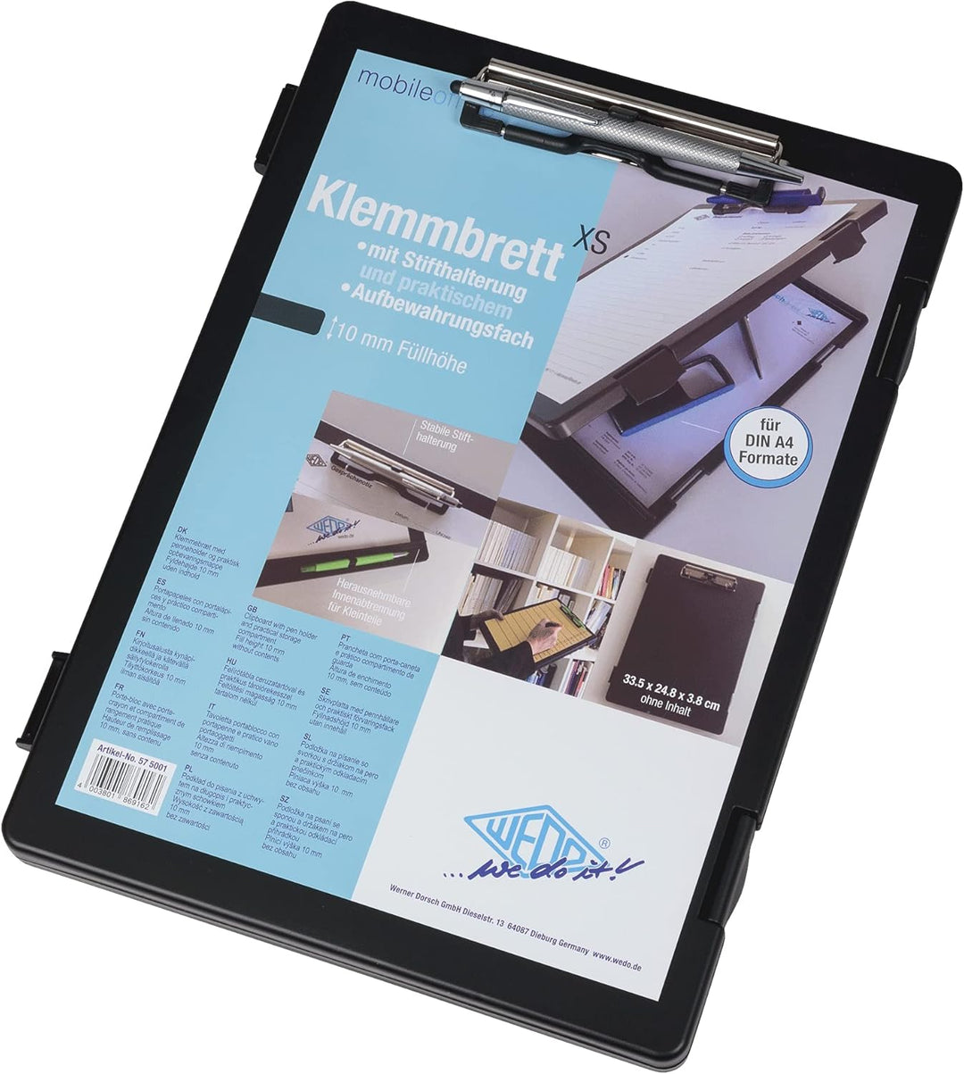 WEDO 575001 Klemmbrett (A4) mit Aufbewahrungsfach für Formulare, Rechner und mehr, stabile Metallkle