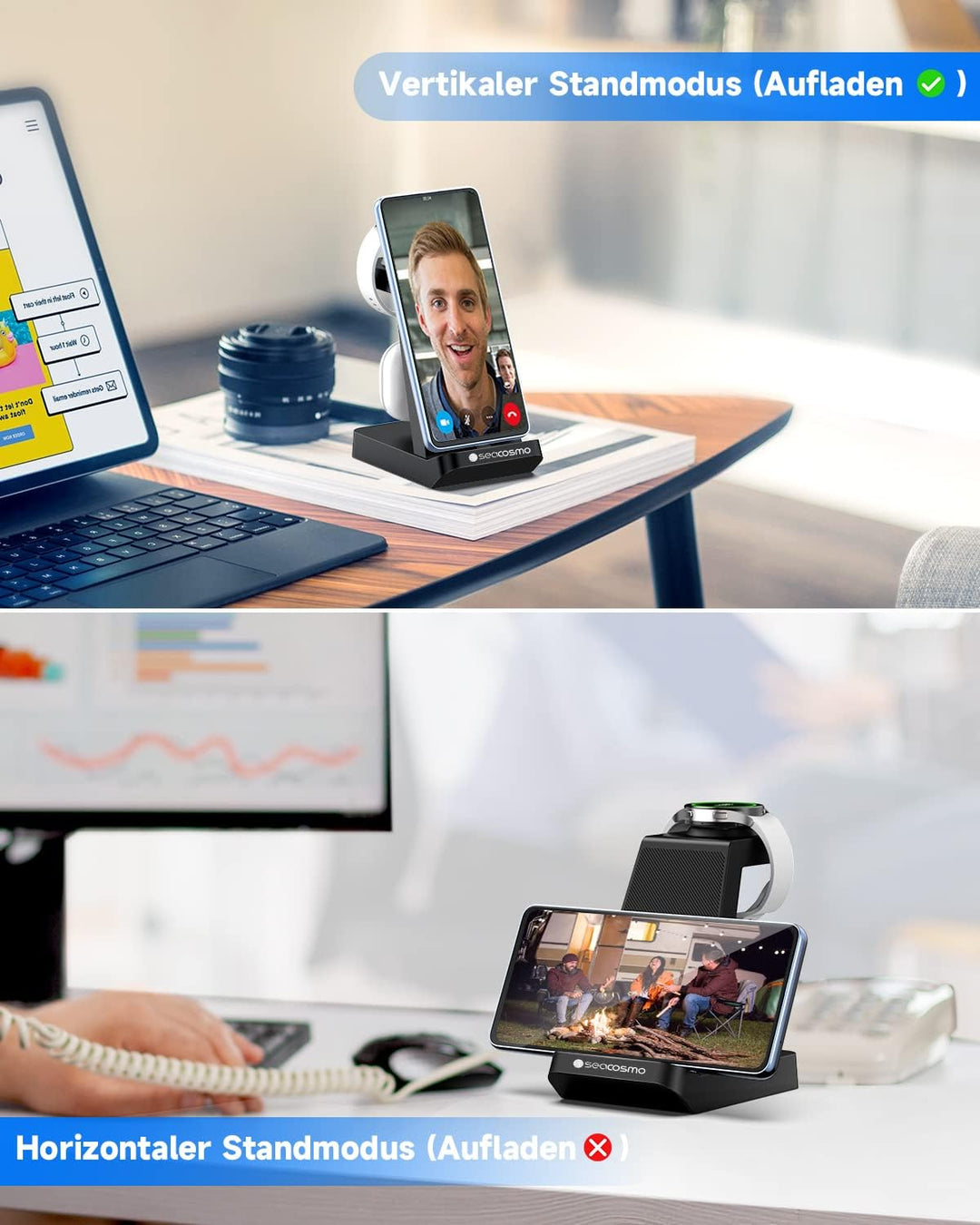 seacosmo 3 in 1 Ladestation, 18W Samsung Ladegerät handyhalterung für Galaxy Buds und Samsung A55/A5