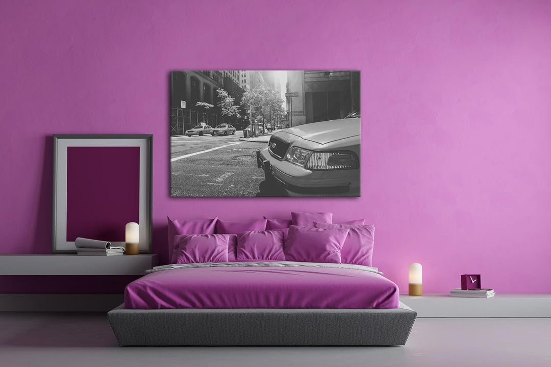 deyoli klassische Taxis in New York Effekt: Schwarz/Weiss Format: 80x60 als Leinwandbild, Motiv fert