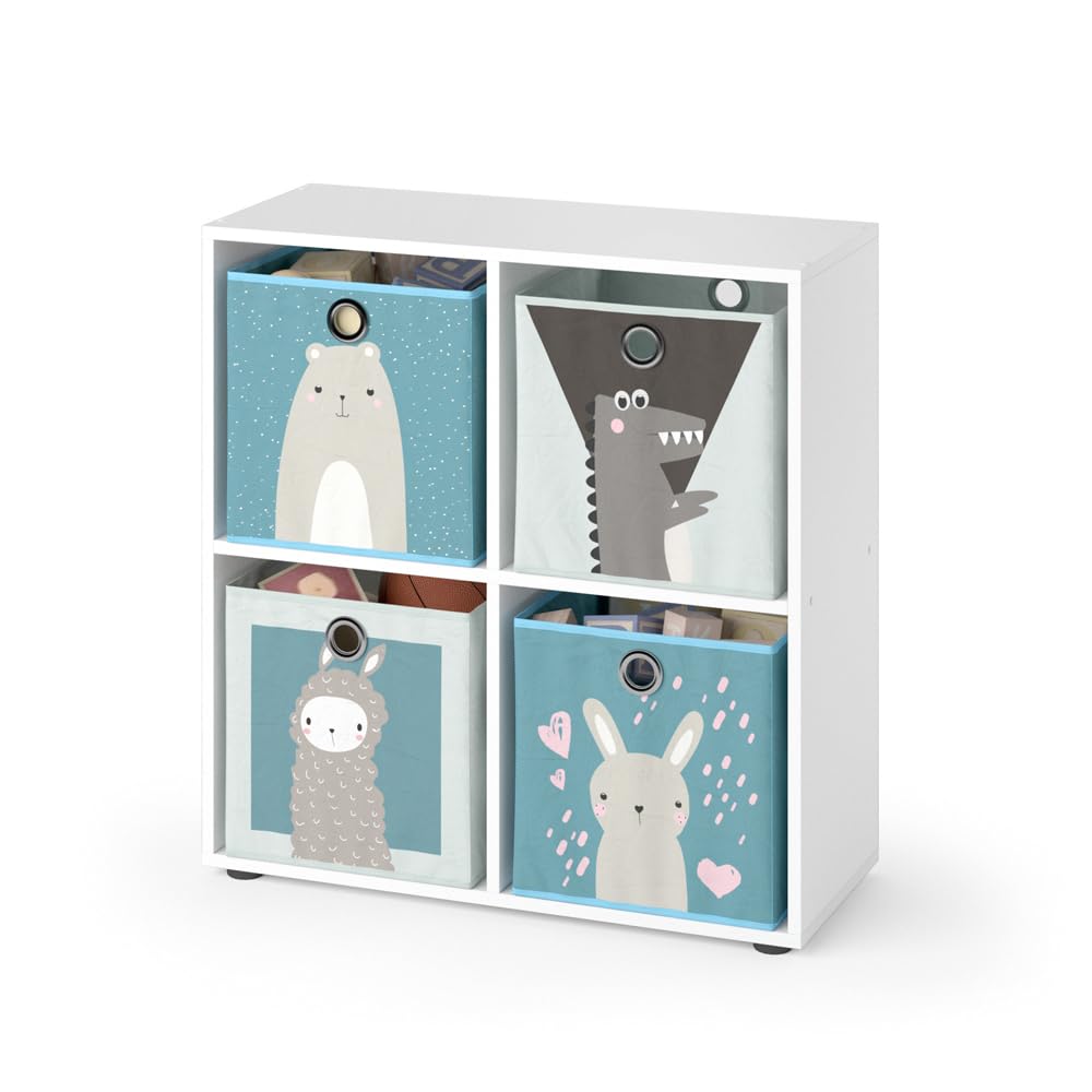 Vicco Kinderregal Tetra, Weiss, 72 x 72.6 cm mit 4 Faltboxen (grau/blau), 4 Fächer Faltboxen: grau,