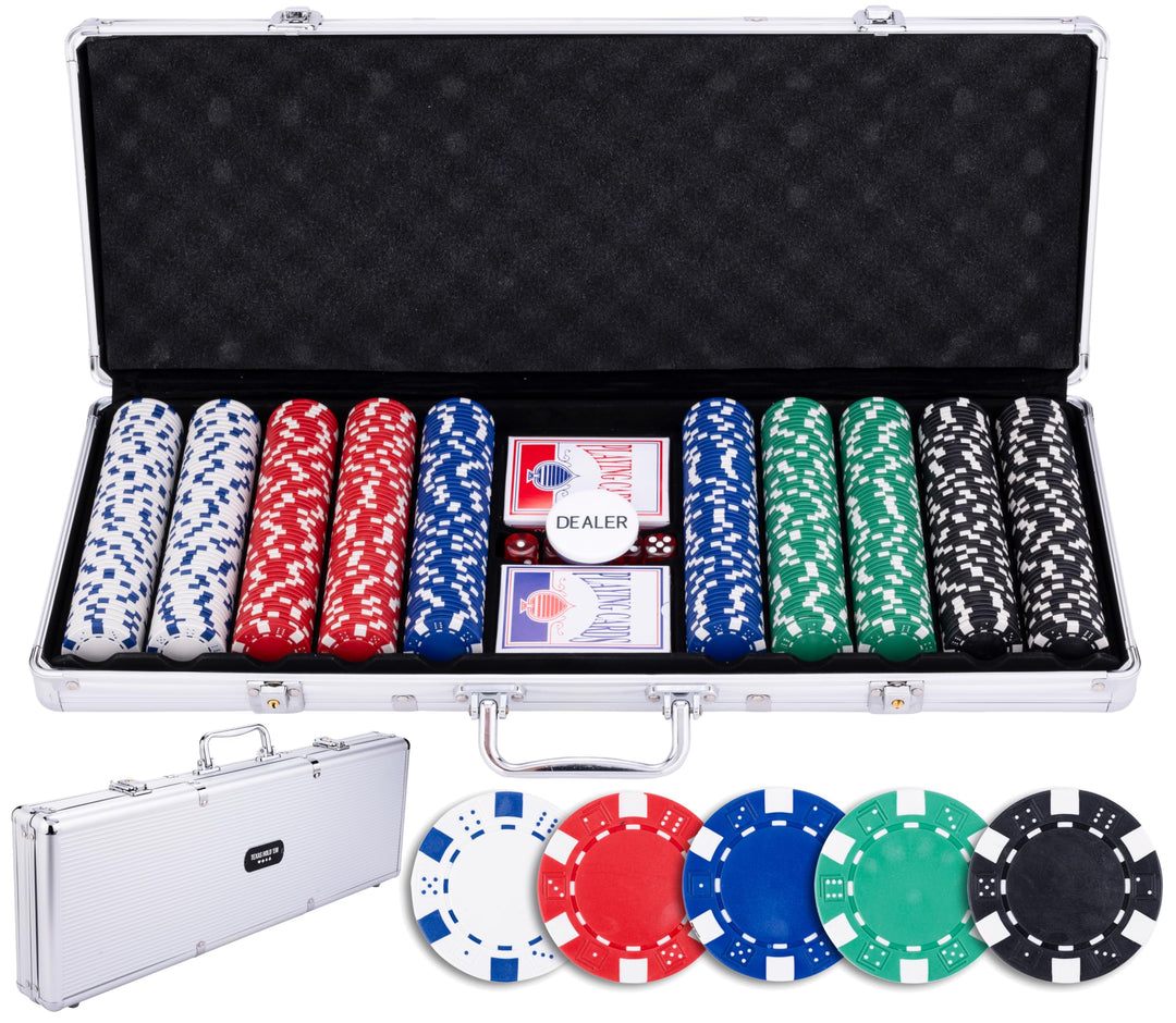 Pokerkoffer 500 Chips 11,5 g ohne Wertung – Grosses Poker Set mit Aluminiumkoffer, 2 Kartenspielen,