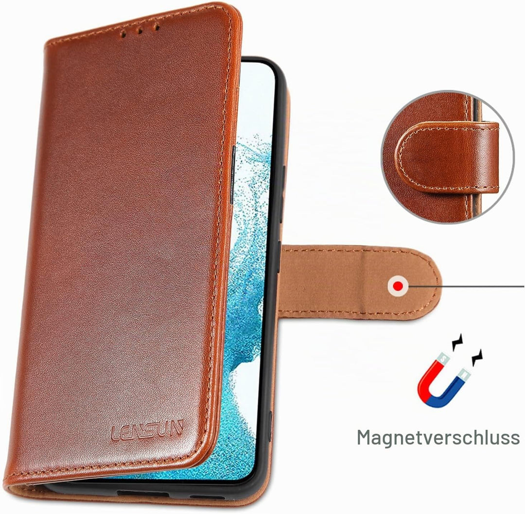 LENSUN Echtleder Hülle für Samsung Galaxy S22, Handyhülle [Echtes Leder] [Kickstand] [RFID Schutz] L