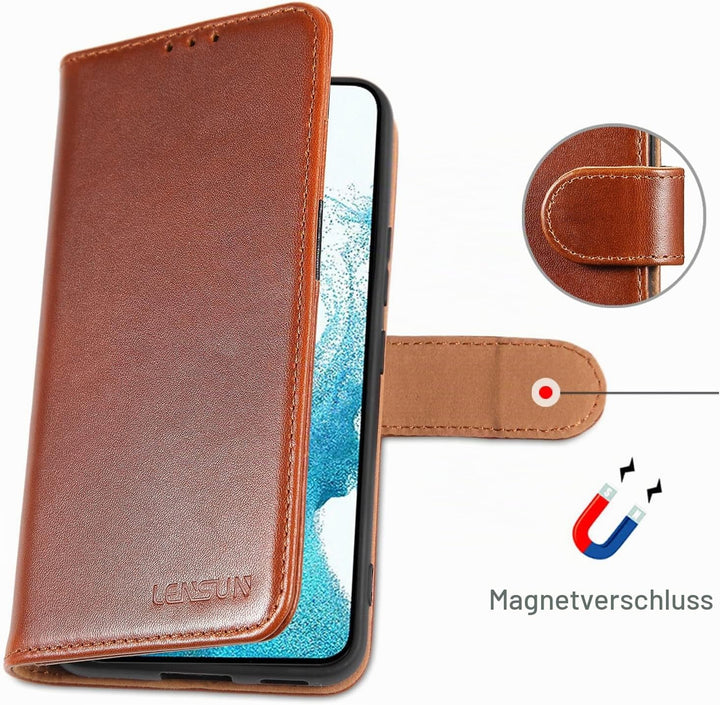 LENSUN Echtleder Hülle für Samsung Galaxy S22, Handyhülle [Echtes Leder] [Kickstand] [RFID Schutz] L