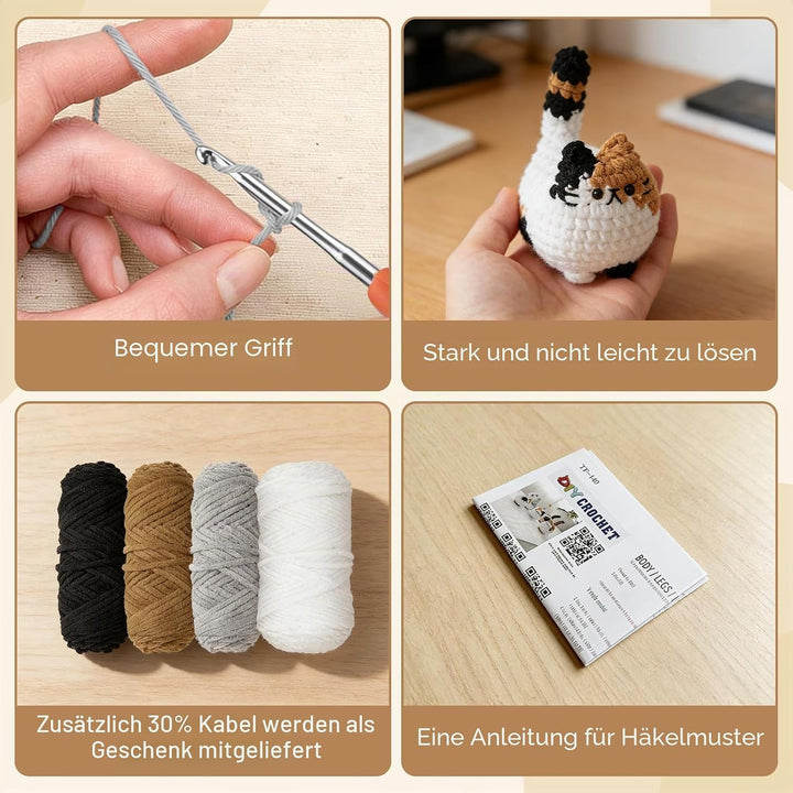 Ortviai Häkelset für Anfänger, Crochet Set Tiere Katzen, mit Garn und Zubehör, Schritt für Schritt A