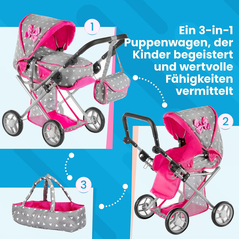 Kinderplay Puppenwagen ab 1 2 3 Jahre Kinderwagen Spielzeug - 3 in 1, Puppenwagen mit Herausnehmbare