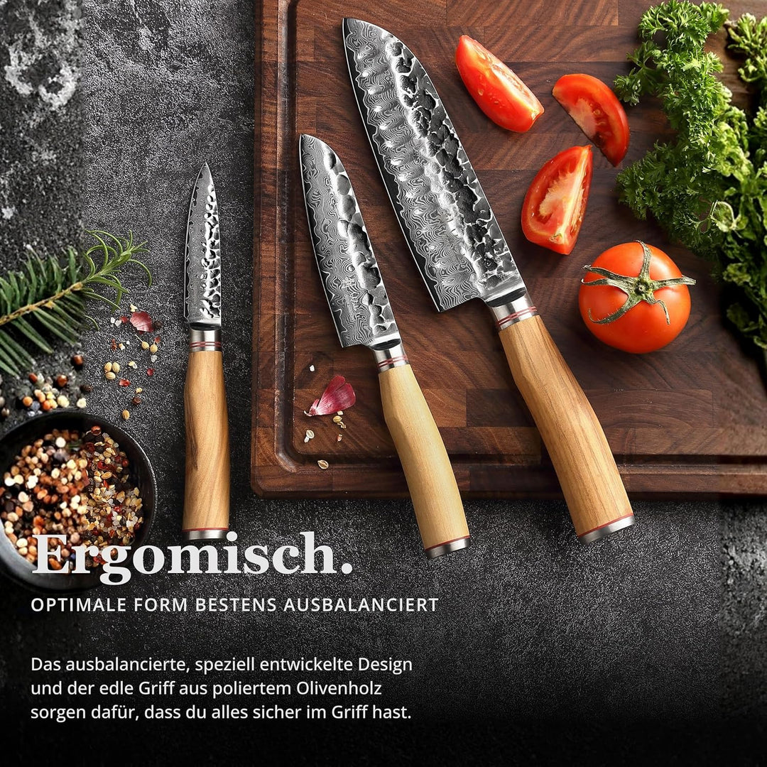 Wakoli Olive HS 3er Damastmesser-Set I 9 bis 17,5 cm Klingen gefertigt aus 67 Lagen echtem Damaststa
