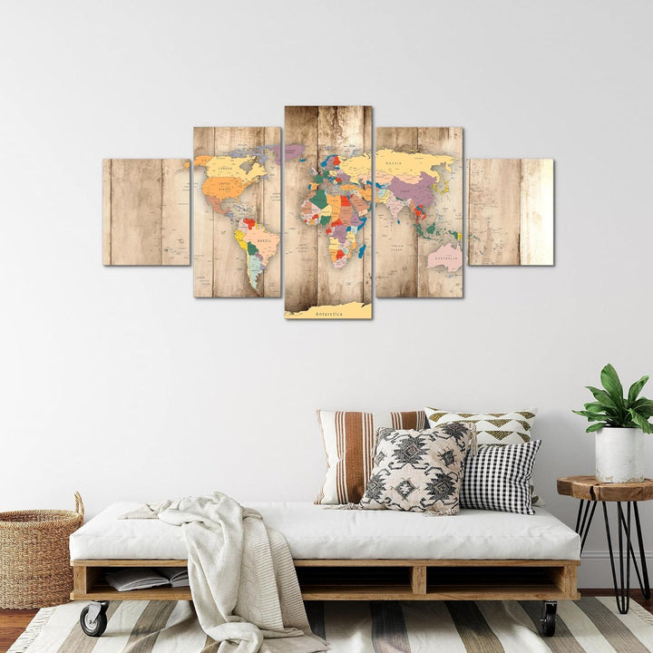 Runa Art - Bilder Weltkarte Holz 200 x 100 cm 5 Teilig XXL Wanddekoration Design Biege 108751a 200 x