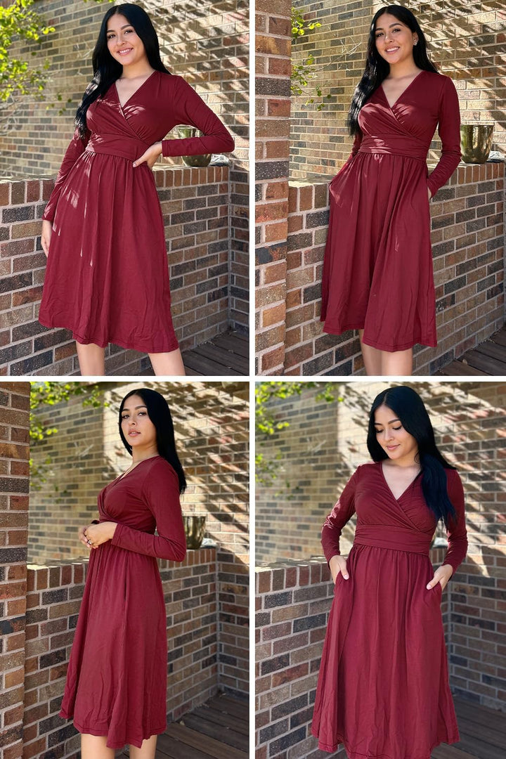 OUGES Kleid Damen Kurzarm/Langarm Sommer Herbstkleid V-Ausschnitt Casual Midi Freizeitkleid mit Tasc