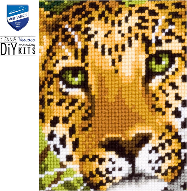 Vervaco Leopard Kreuzstichkissen/Stickkissen vorgedruckt, Baumwolle, Mehrfarbig, 40 x 40 x 0.3 cm