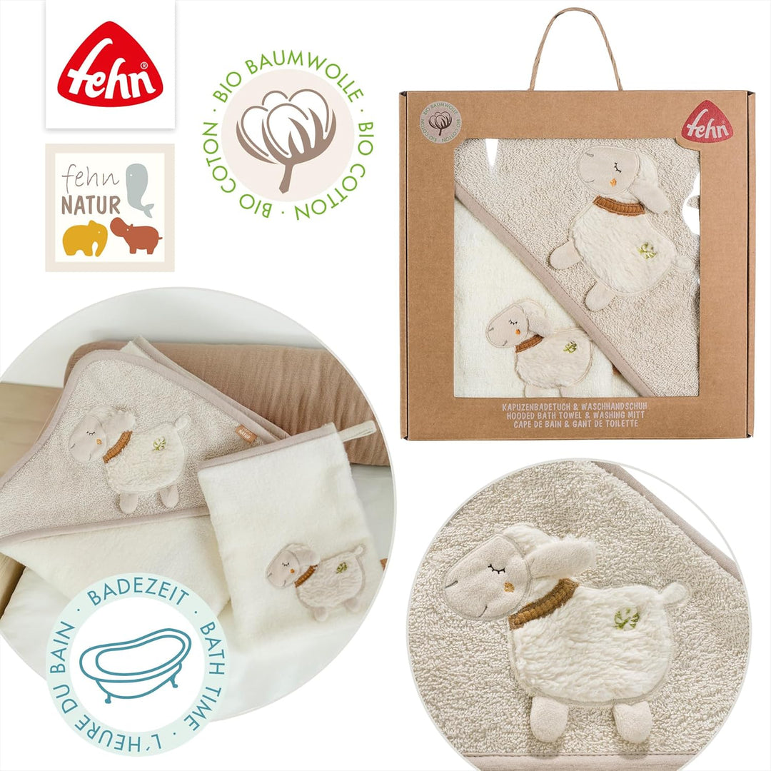 Fehn Bade-Set Schaf Natur – Bade-Set Handtuch & Waschlappen aus Baumwolle aus biolgischem Anbau - mi