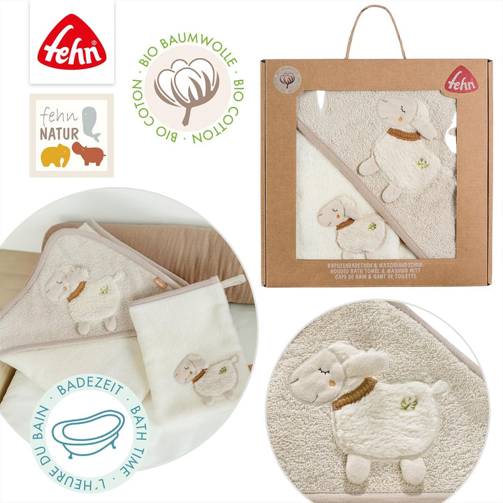 Fehn Bade-Set Schaf Natur – Bade-Set Handtuch & Waschlappen aus Baumwolle aus biolgischem Anbau - mi