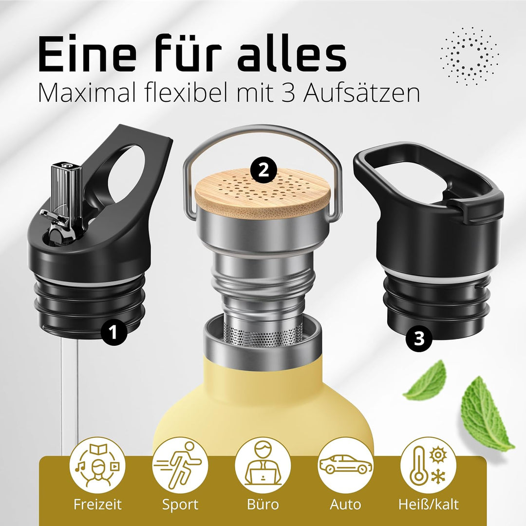 Trinkflasche Edelstahl mit Strohhalm, Infuser + 3 Deckel: BPA-frei, Auslaufsicher, Kohlensäure geeig