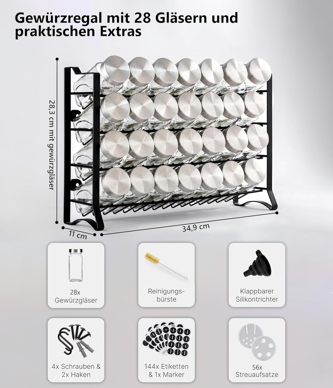 Deco haus® Gewürzregal Stehend & Wand [MIT 28 GLÄSERN & ETIKETTEN] - Gewürz Organizer - Gewürzregal