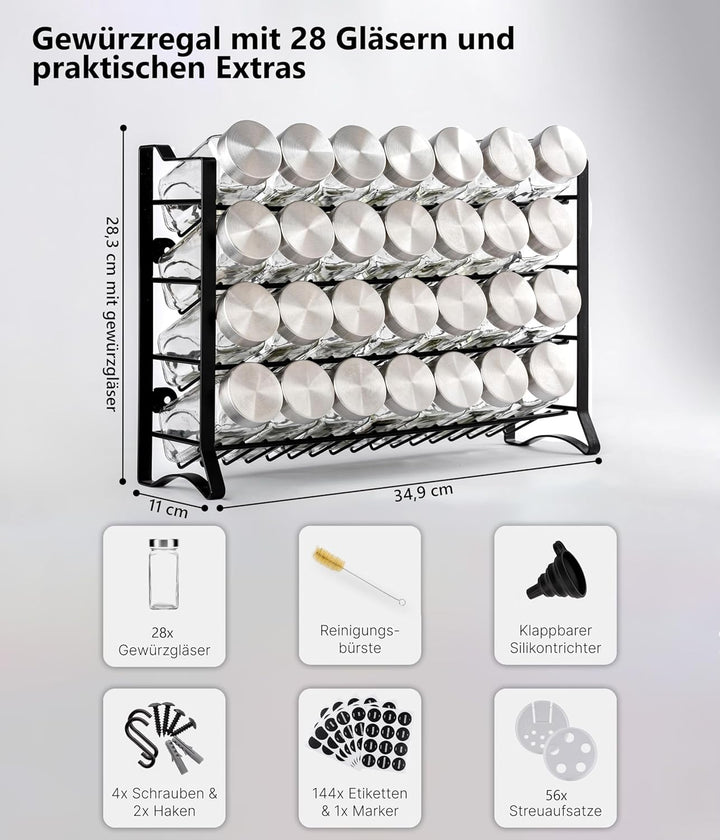 Deco haus® Gewürzregal Stehend & Wand [MIT 28 GLÄSERN & ETIKETTEN] - Gewürz Organizer - Gewürzregal