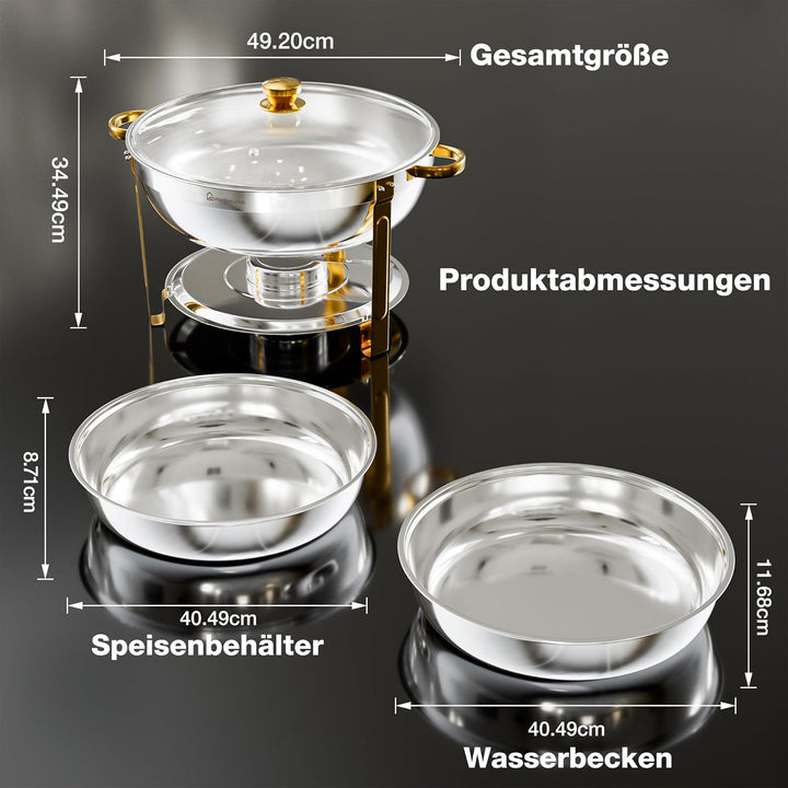 WARMOUNTS Chafing Dish 2er Set 7,5L Gold &amp; Silber, Speisenwärmer Buffet Rund Edelstahl mit Glasdecke