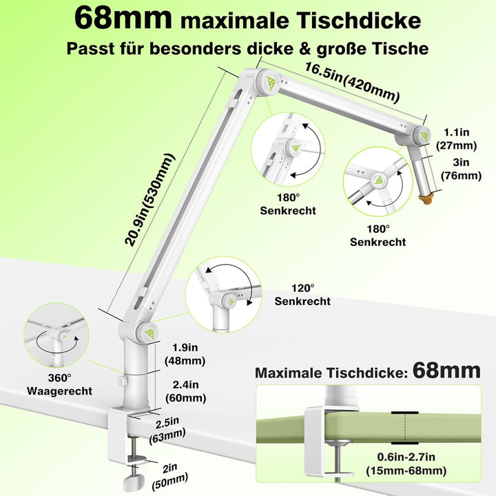 Mikrofon Arm, Max. 3 KG Traglast Mikrofonarm Kompatibel mit Shure SM7B, MV7+ & Co. Gear-Lock für rut