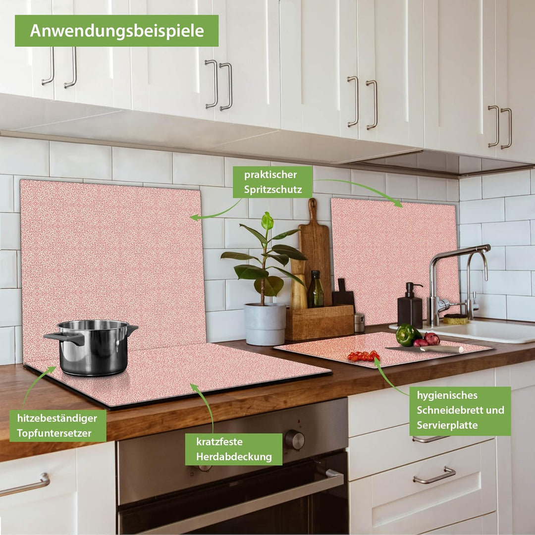 banjado® Herdabdeckplatte Glas 1-teilig 60x52 cm/Schneidebrett Herdabdeckung mit Motiv Rosa Arabesqu
