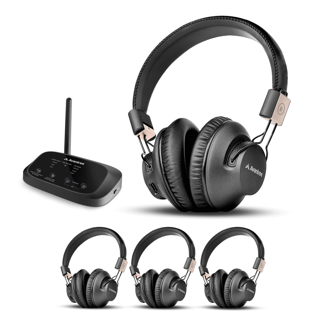 Avantree Quartet 2 – Bluetooth-kompatibles kabelloses Gruppenhörsystem mit Kopfhörern & Sender für P