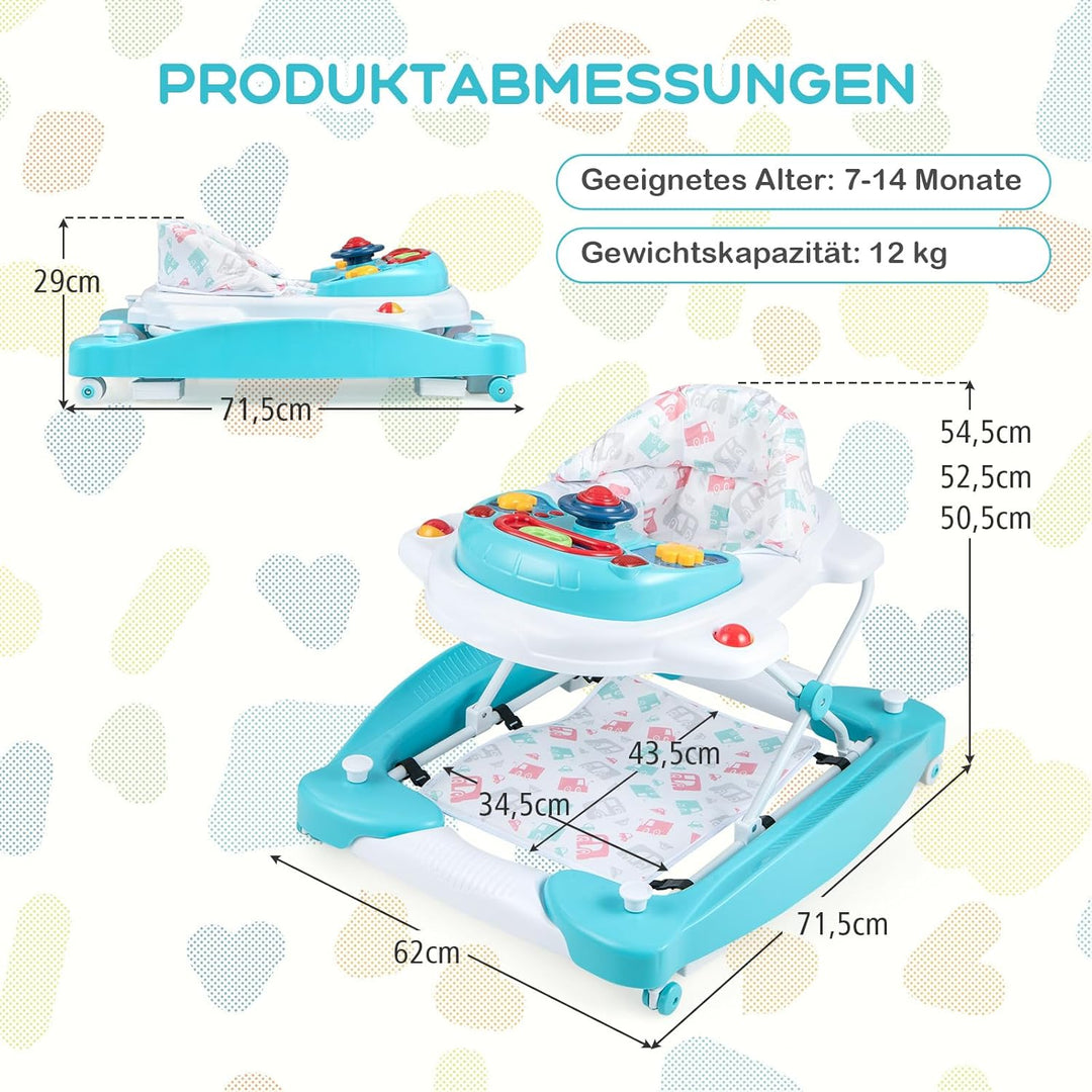 COSTWAY 6 in 1 Lauflernhilfe, Lauflernwagen mit abnehmbarem Spielboard & Fusspolster, Baby Walker hö