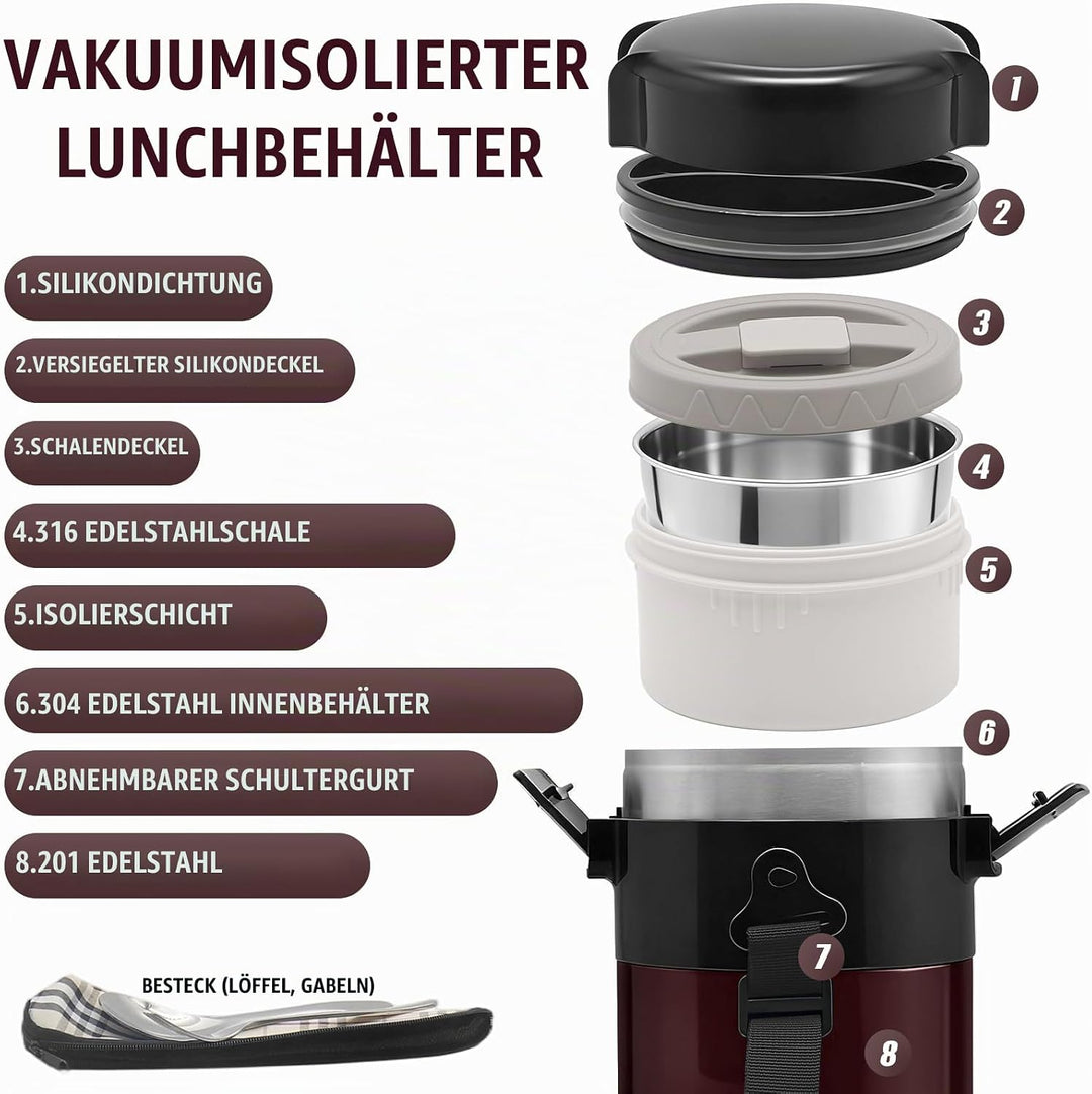 KATLKIU Thermobehälter Essen mit 4 Einzelnen Trennbehältern, Isolier-Lunchbox Edelstahl 2.6L, Auslau