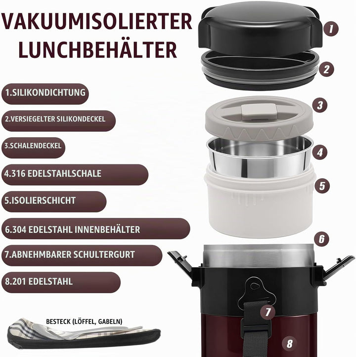 KATLKIU Thermobehälter Essen mit 4 Einzelnen Trennbehältern, Isolier-Lunchbox Edelstahl 2.6L, Auslau
