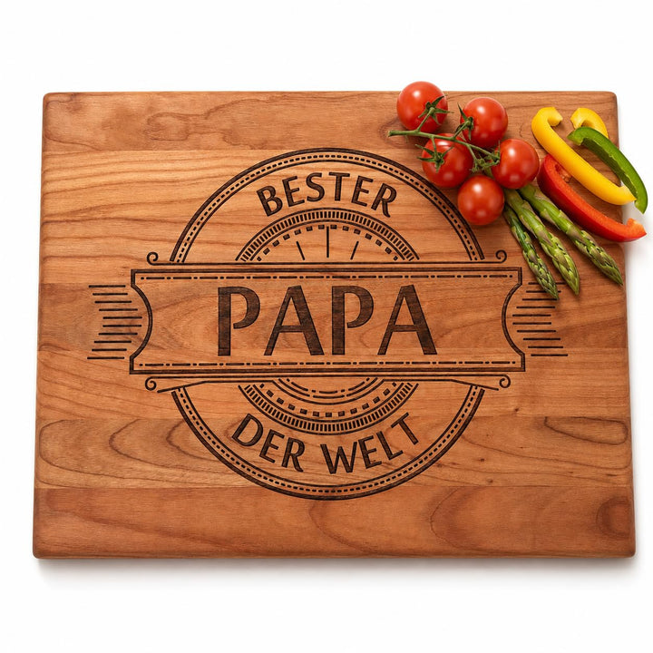 Grosses Kirschentholz Schneidebrett 38,5x30 cm für die BESTER PAPA DER WELT | Handgefertigt Holzbret