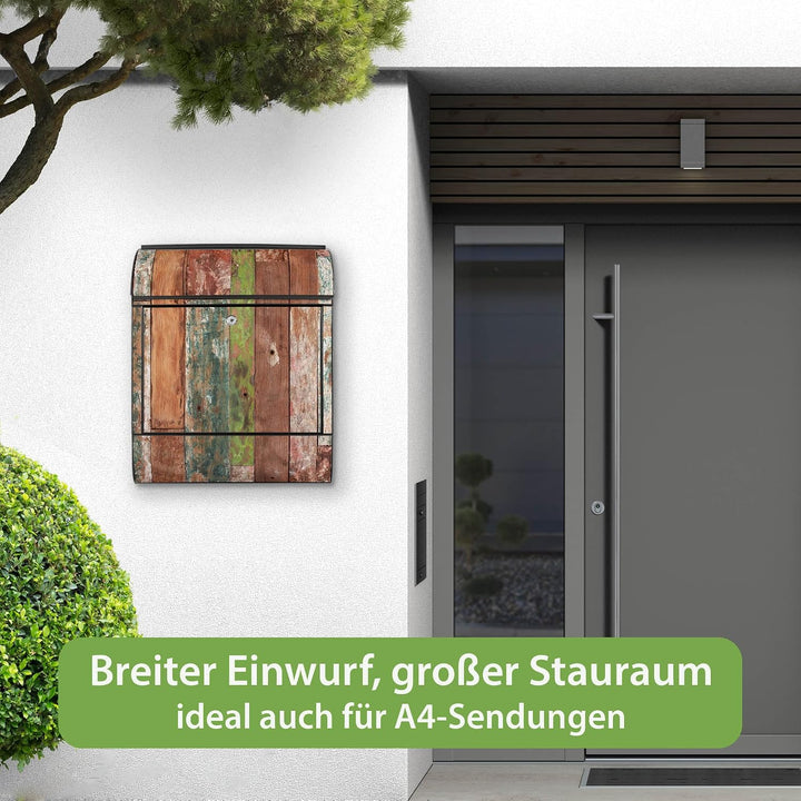 banjado® Design Briefkasten mit Motiv Buntes Holz 39x47x14cm &amp; 2 Schlüssel - Briefkasten Stahl schwa