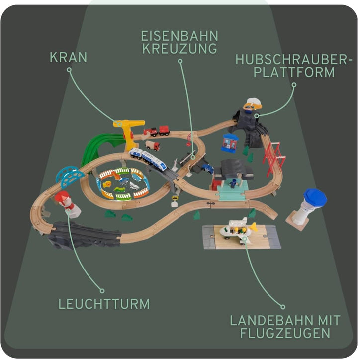 Bandits & Angels Holzeisenbahn-Set Transportthema 100 Teile ab 3 Jahren für Jungen und Mädchen – Hol