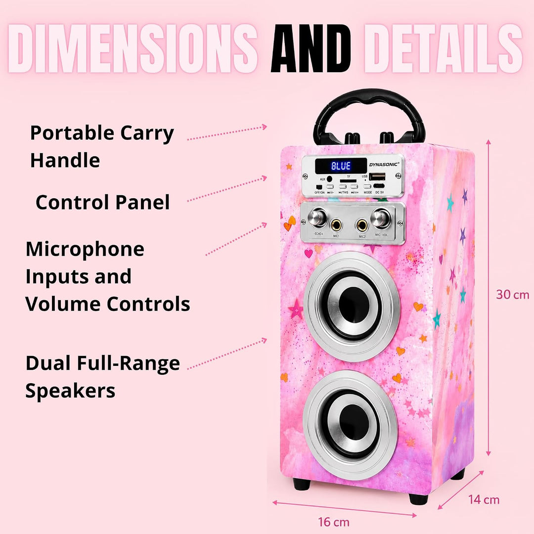 DYNASONIC Karaoke mit 2 Mikrofonen, tragbarer Karaoke-Maschine, Bluetooth-Lautsprecher, USB- und SD-