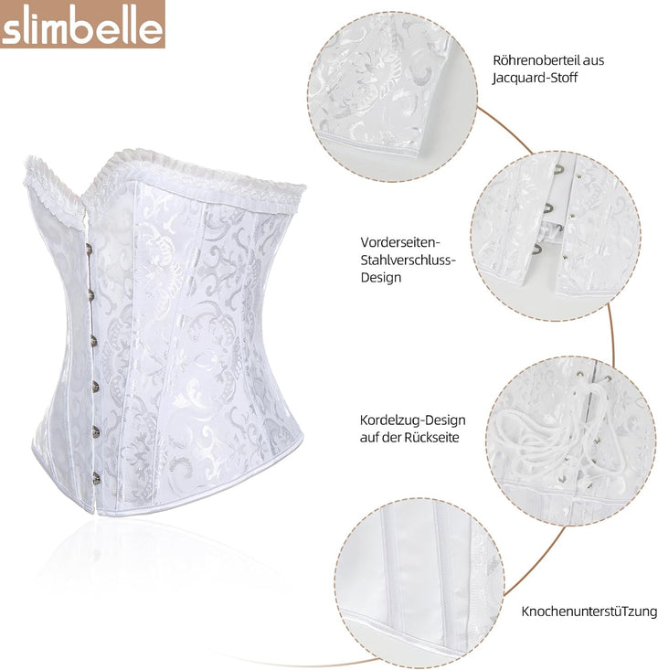 SLIMBELLE Damen Vintage Überbrust Korsett Klassische Bustier Stahlknochen Lace Up Sexy Top mit G-Str