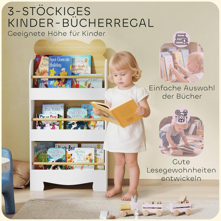 AIYAPLAY Bücherregal Kinder, Kinderregal mit 3 Regal, Spielzeugregal aus Holz, Kinderzimmerregal für