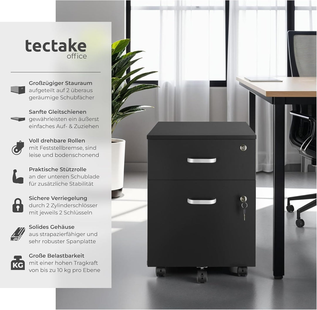 tectake® Rollcontainer mit Schubladen, Aktenschrank abschliessbar, Kommode mit Schubladen, Rollwagen