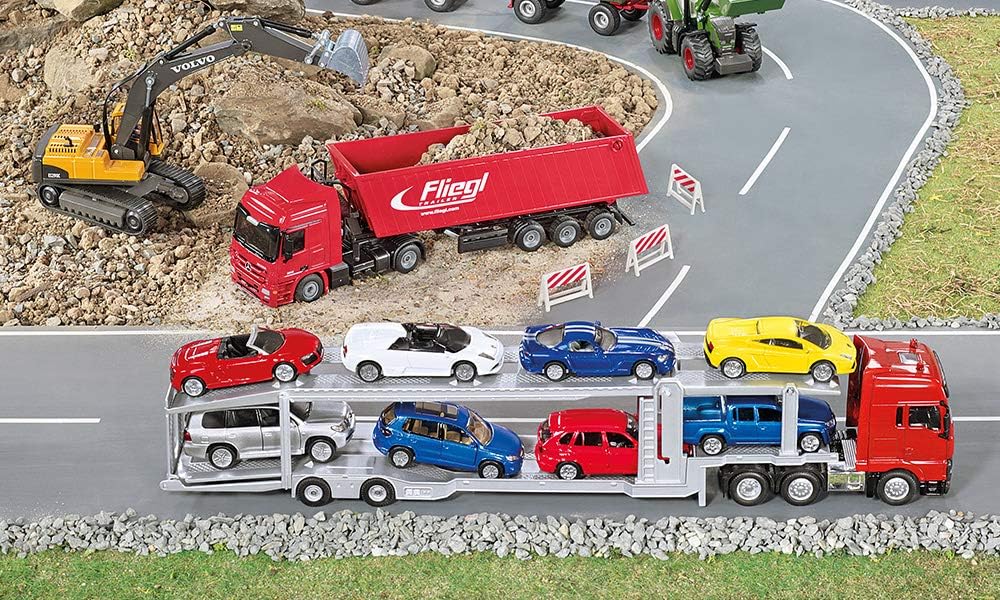 siku 3934, Autotransporter, Inkl. 2 Spielzeug-Autos, 1:50, Metall/Kunststoff, Rot/Silber, Abkoppelba